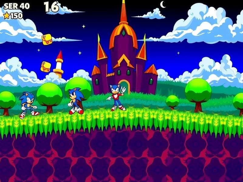 Gameplay screenshot of a popular Sonic Flash game showing Sonic running through Green Hill Zone