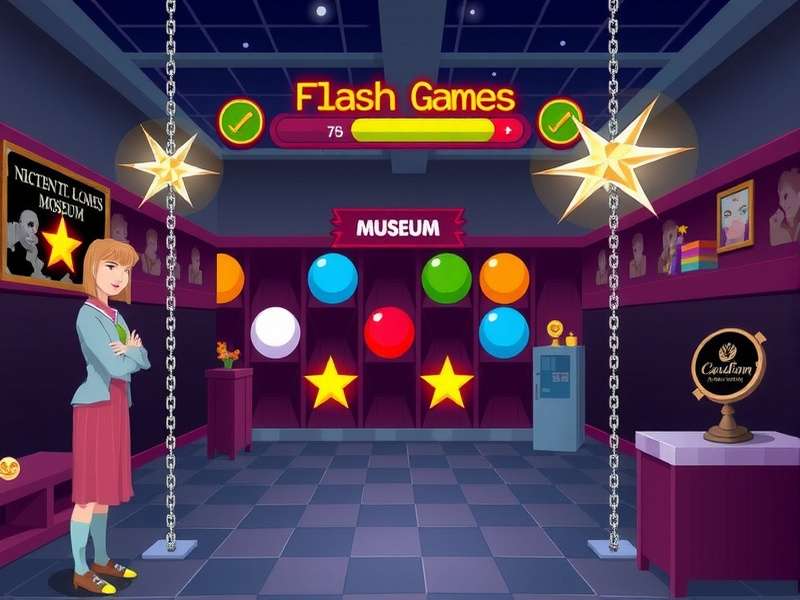 Collection of classic Flash game icons and characters on a virtual museum wall
