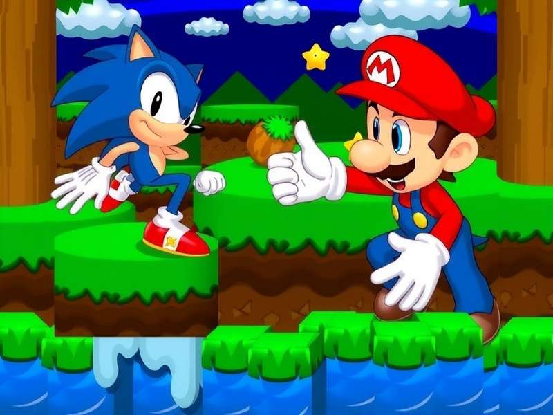 Mario and Sonic facing off in a classic flash game scene