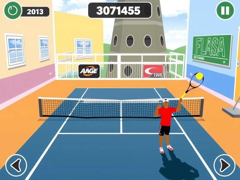 Screenshot of a classic Tennis Flash Game showing a player hitting a ball