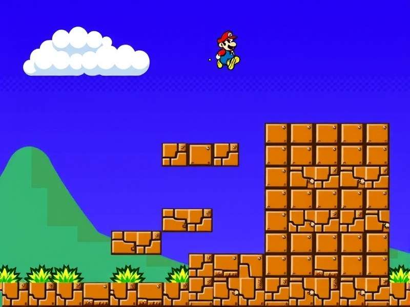 Screenshot of the Old Mario Bros Flash Game showing Mario jumping over a classic Goomba