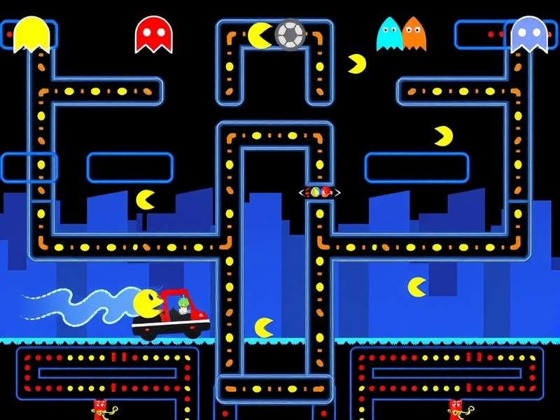 Flash Pacman game maze with yellow Pacman and four coloured ghosts on a dark background