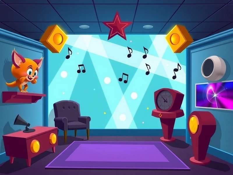 Retro gaming museum exhibit featuring vintage computers and flash game soundtrack visualizer